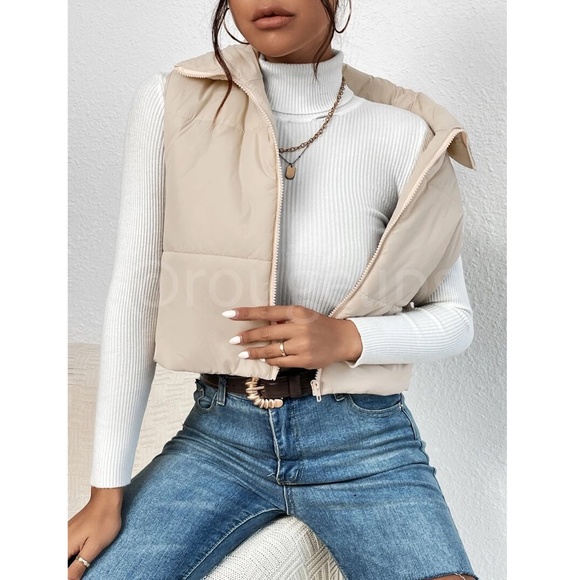 Cropped Beige Puffer Vest Zip Up - Picture 4 of 14